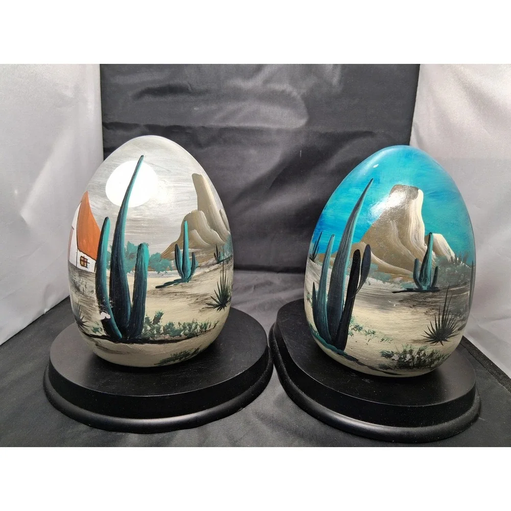 Vintage Hand Painted Ceramic Desert Scene Egg Statues Southwest Decor Set of 2